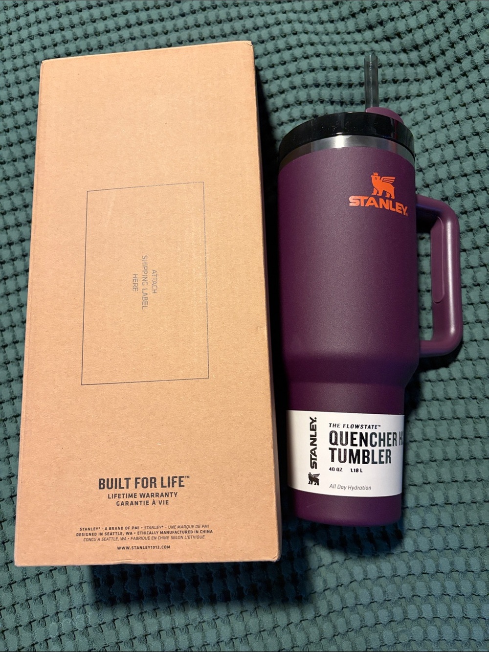 Stanley Plum Tumbler with Orange Logo and Handle